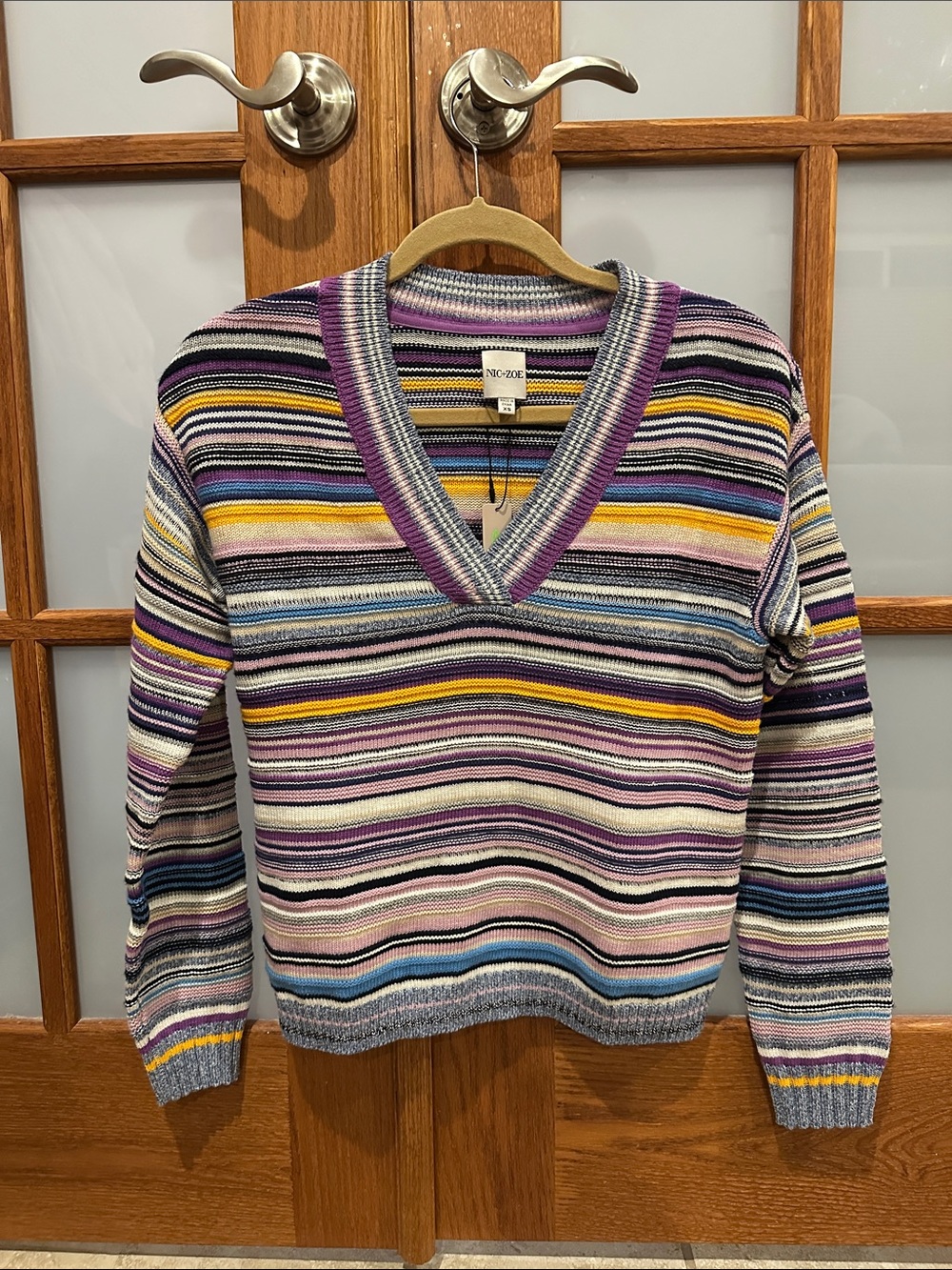 NIC+ZOE Striped V-Neck Sweater in Purple, Yellow, Blue & Cream - Picture 3 of 8